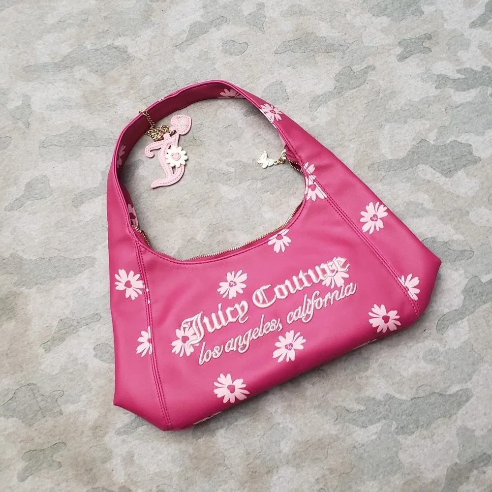 Juicy Couture Purse Womens Pink Leather Embroidered Daisy For Justice W/ Charm